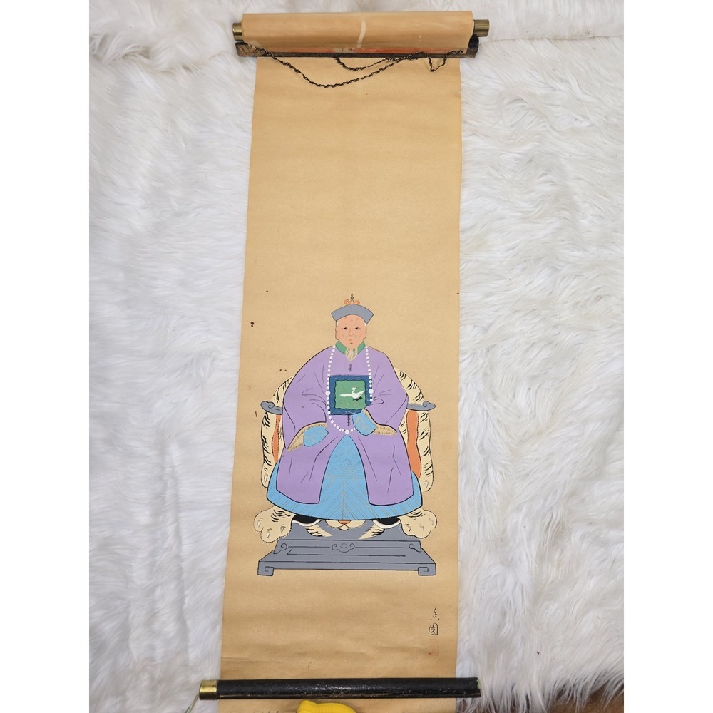 Antique Chinese Hand-drawn Scroll Paintings of Ancestors Portrait Colorful